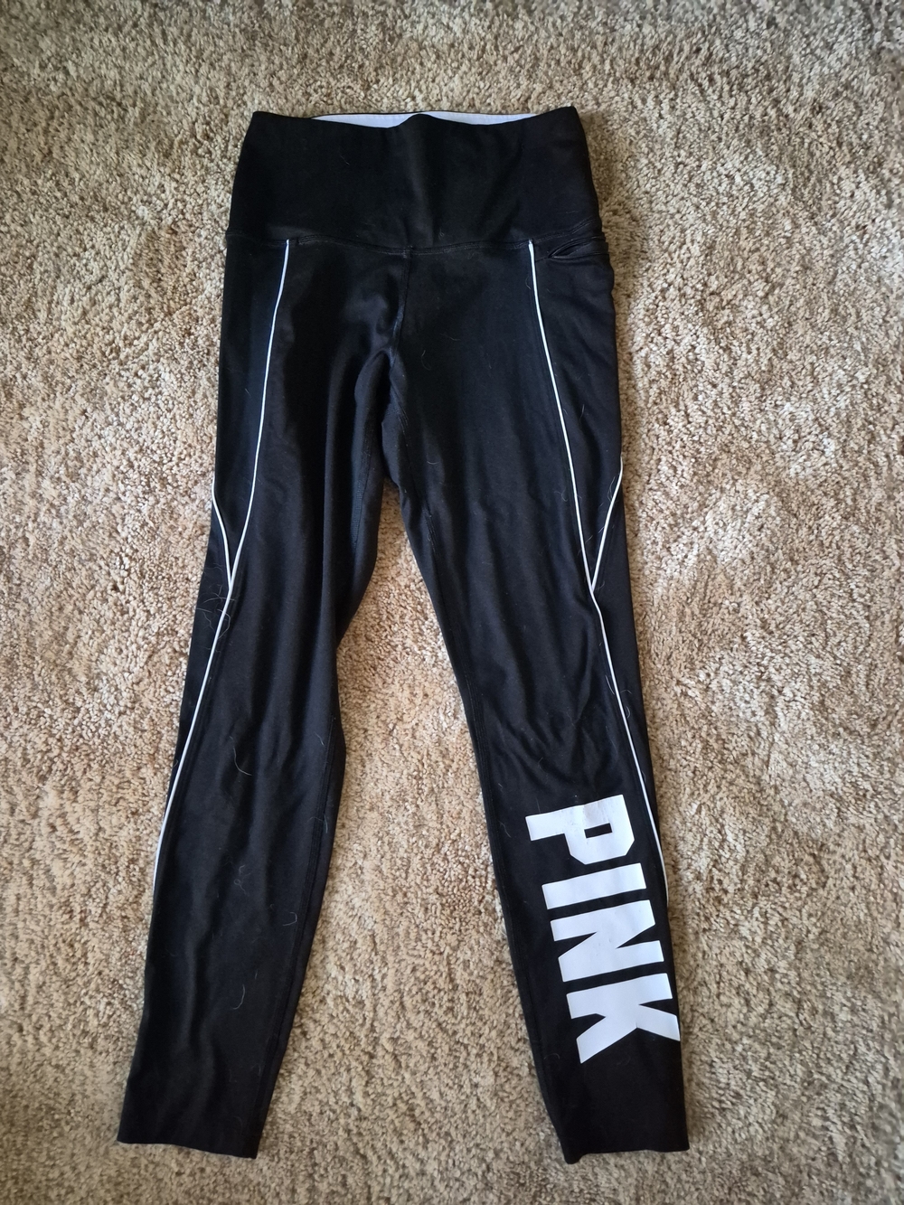 PINK Black Leggings with White Logo Size Small